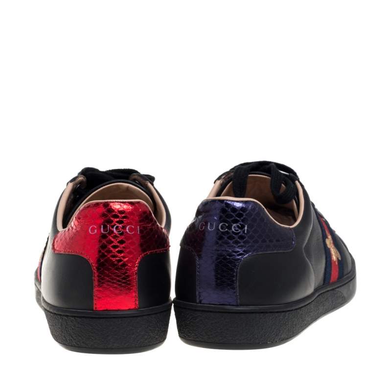 Pre Owned Gucci Black Leather Ace Web Low Top  Sneaker Size 39.5