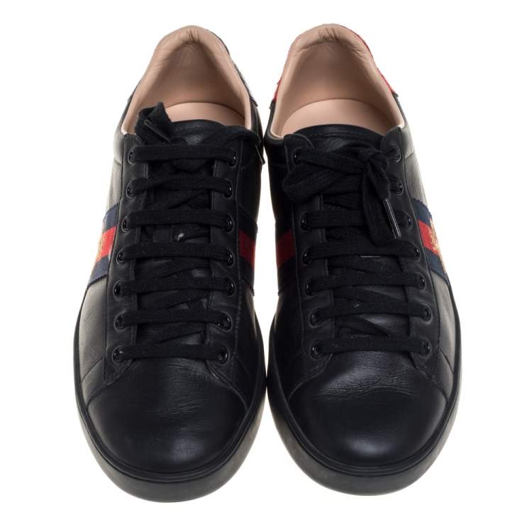 Pre Owned Gucci Black Leather Ace Web Low Top  Sneaker Size 39.5