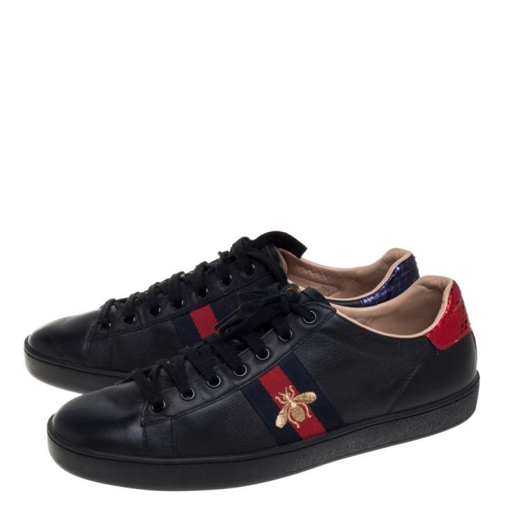 Pre Owned Gucci Black Leather Ace Web Low Top  Sneaker Size 39.5