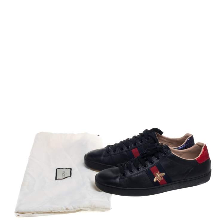Pre Owned Gucci Black Leather Ace Web Low Top  Sneaker Size 39.5