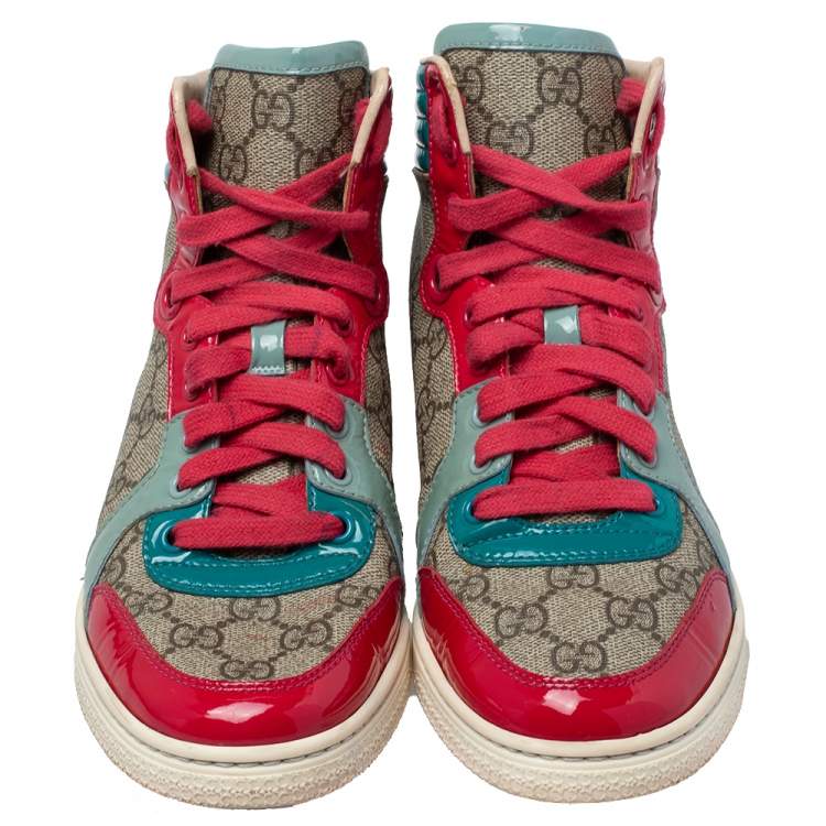 Pre Owned Gucci  Multicolor GG Canvas And Patent Leather High Ankle Sneakers Size 36