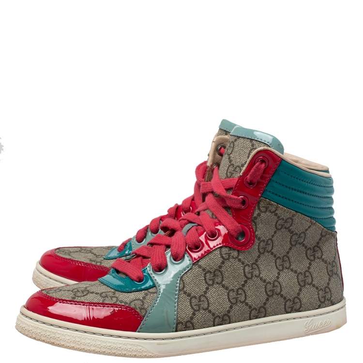 Pre Owned Gucci  Multicolor GG Canvas And Patent Leather High Ankle Sneakers Size 36