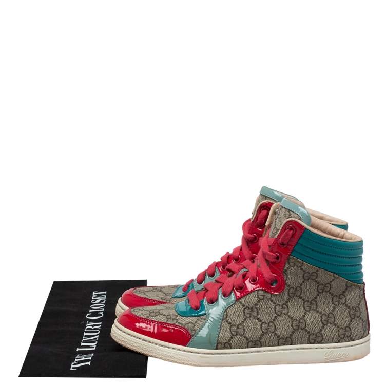 Pre Owned Gucci  Multicolor GG Canvas And Patent Leather High Ankle Sneakers Size 36