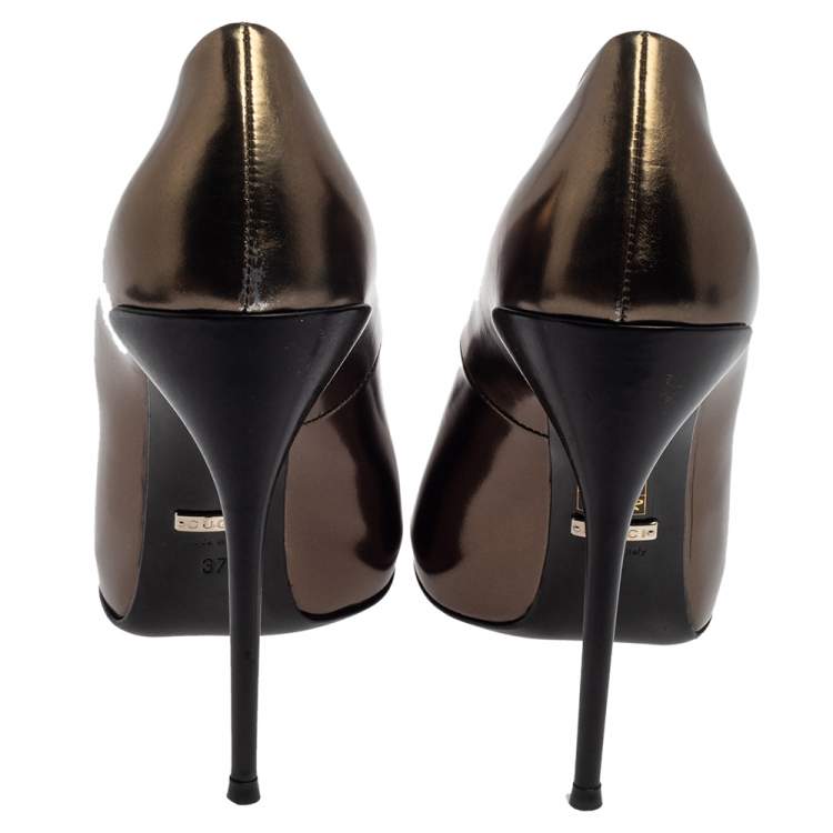 Pre Owned Gucci Metallic Green Patent Leather Round Toe Pumps Size 37