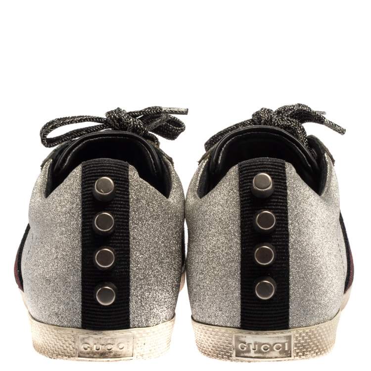 Pre Owned Gucci Metallic Silver Glitter Bambi Web Detail Studded Low Top Sneakers Size 37