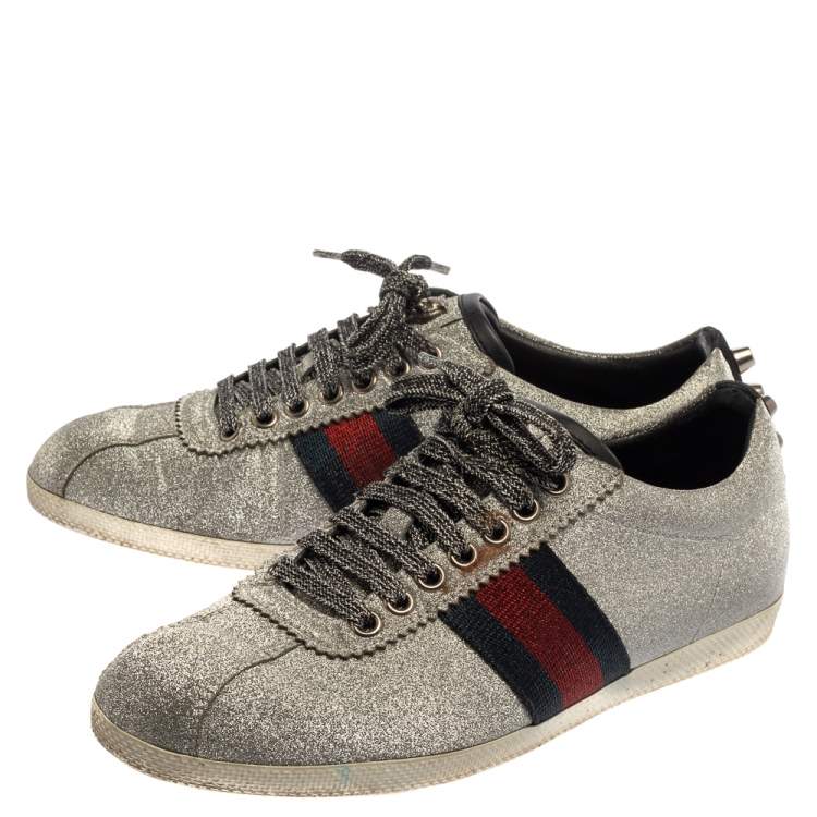 Pre Owned Gucci Metallic Silver Glitter Bambi Web Detail Studded Low Top Sneakers Size 37