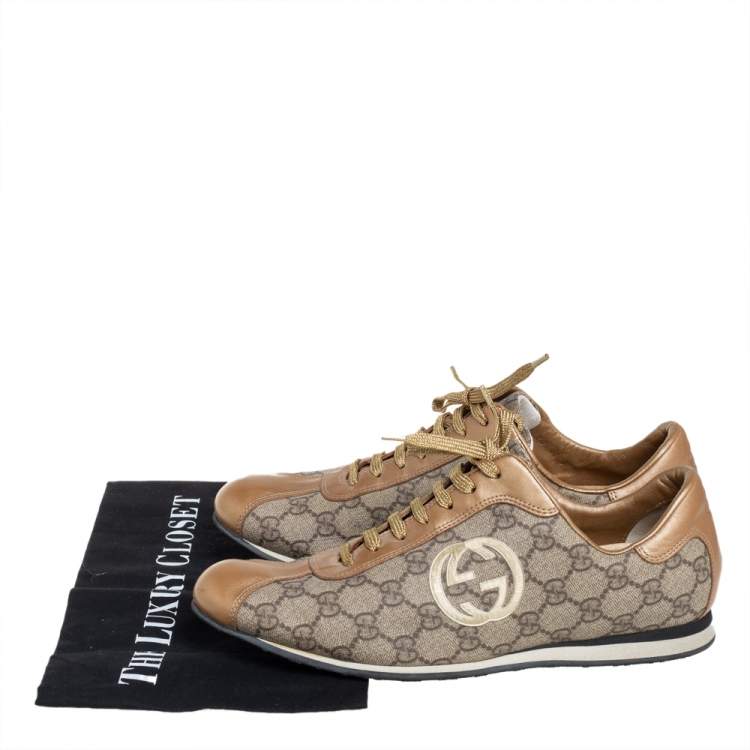 Pre Owned Gucci Gold/Beige GG Canvas And Leather Low Top Sneakers Size 41