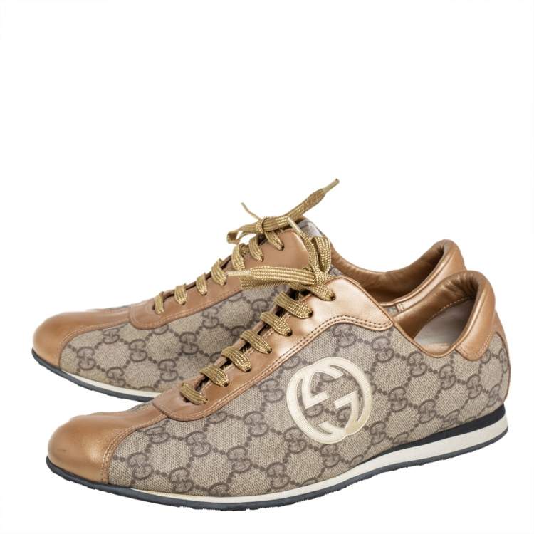 Pre Owned Gucci Gold/Beige GG Canvas And Leather Low Top Sneakers Size 41