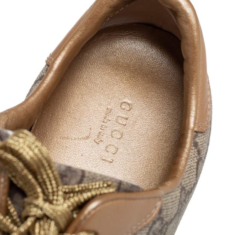 Pre Owned Gucci Gold/Beige GG Canvas And Leather Low Top Sneakers Size 41