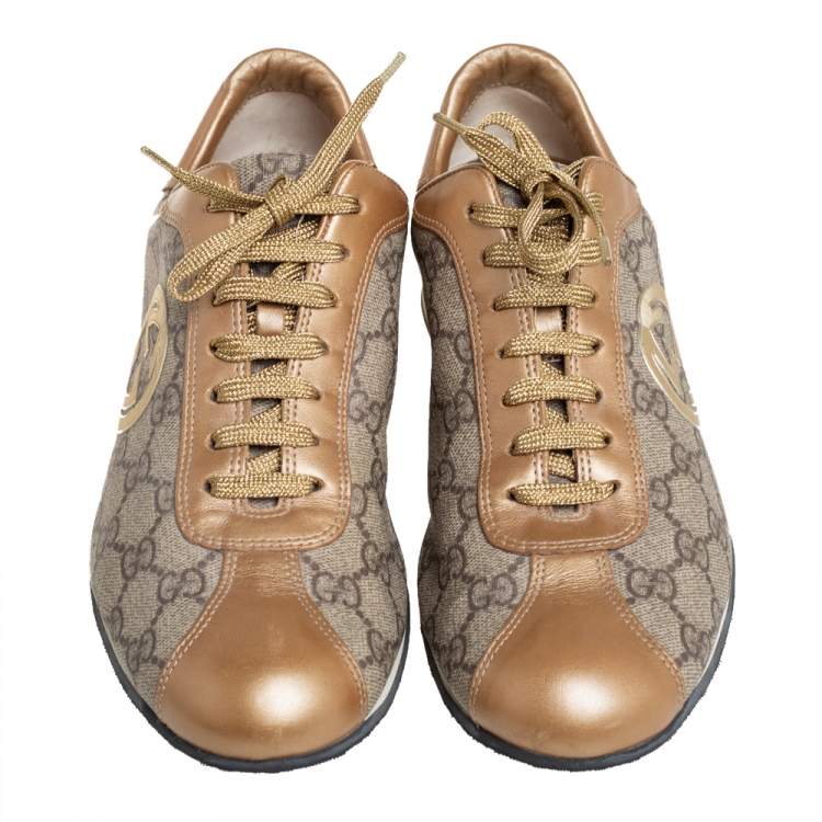 Pre Owned Gucci Gold/Beige GG Canvas And Leather Low Top Sneakers Size 41