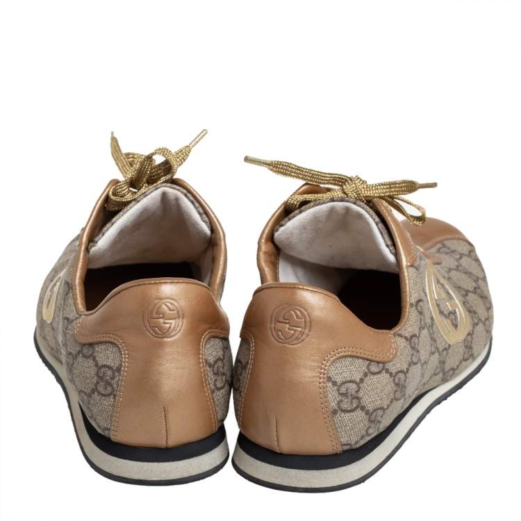 Pre Owned Gucci Gold/Beige GG Canvas And Leather Low Top Sneakers Size 41