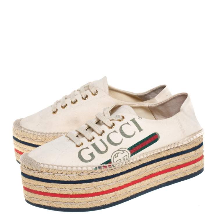 Pre Owned Gucci Cream Canvas Logo Platform Espadrilles Size 36.5
