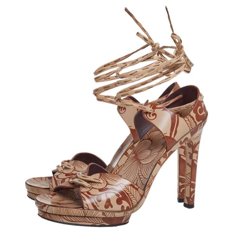 Pre Owned Gucci Brown/Beige Floral Printed Leather Ankle Wrap Sandals Size 37