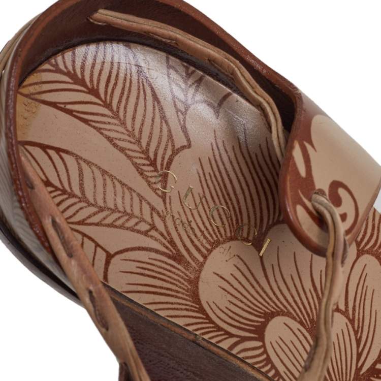 Pre Owned Gucci Brown/Beige Floral Printed Leather Ankle Wrap Sandals Size 37