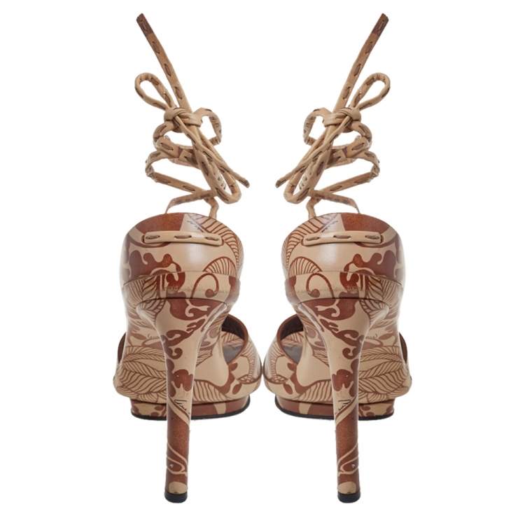 Pre Owned Gucci Brown/Beige Floral Printed Leather Ankle Wrap Sandals Size 37