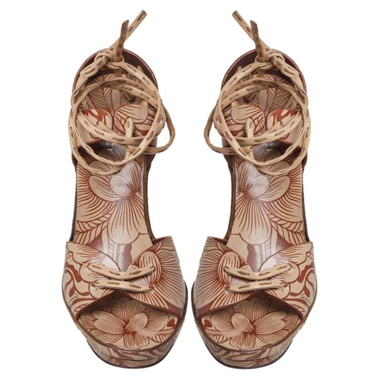 Pre Owned Gucci Brown/Beige Floral Printed Leather Ankle Wrap Sandals Size 37