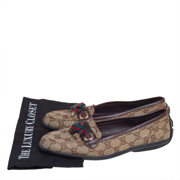 Pre Owned Gucci Beige/Brown GG Canvas and Leather Web Bow Detail Loafers Size 38
