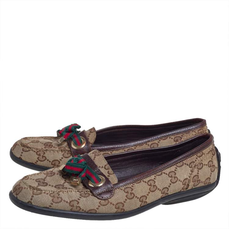 Pre Owned Gucci Beige/Brown GG Canvas and Leather Web Bow Detail Loafers Size 38