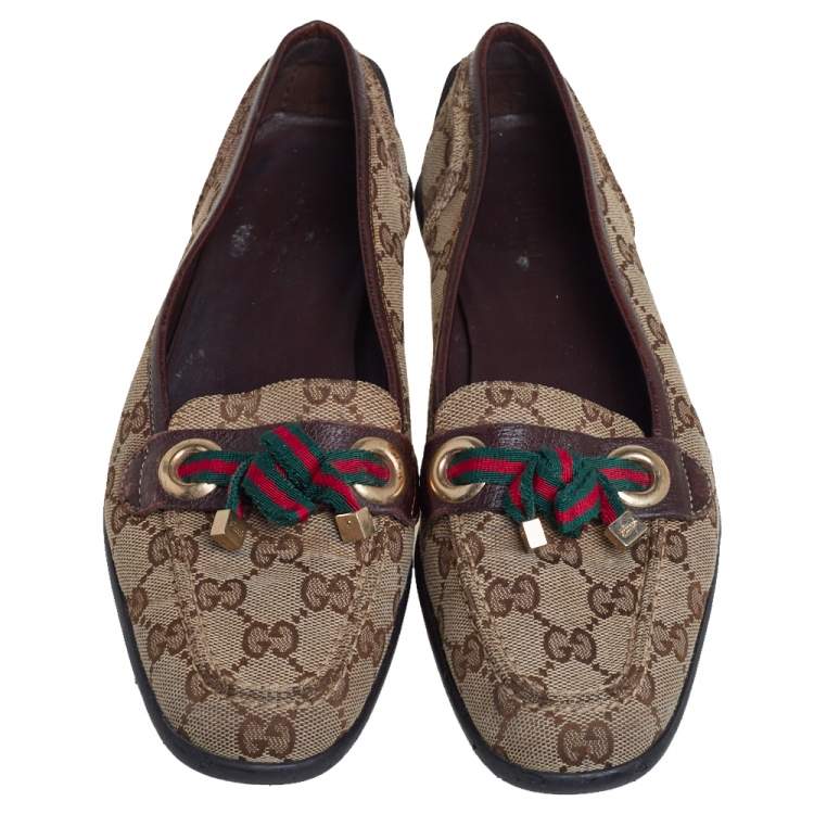 Pre Owned Gucci Beige/Brown GG Canvas and Leather Web Bow Detail Loafers Size 38