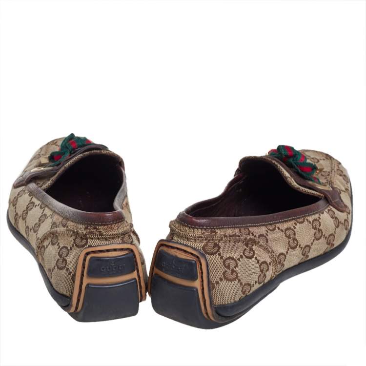 Pre Owned Gucci Beige/Brown GG Canvas and Leather Web Bow Detail Loafers Size 38