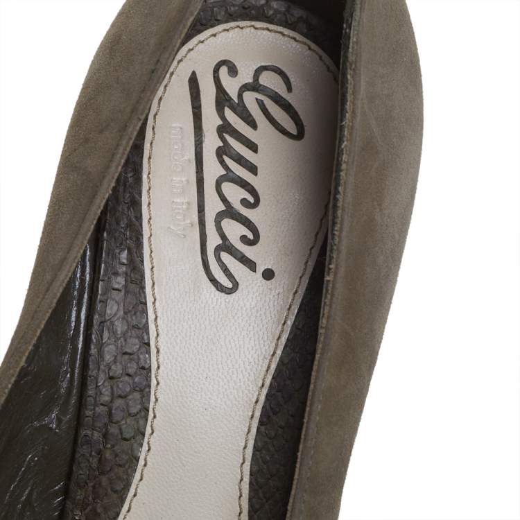 Pre Owned Gucci Green Suede And Python Leather Open Toe Pumps Size 37
