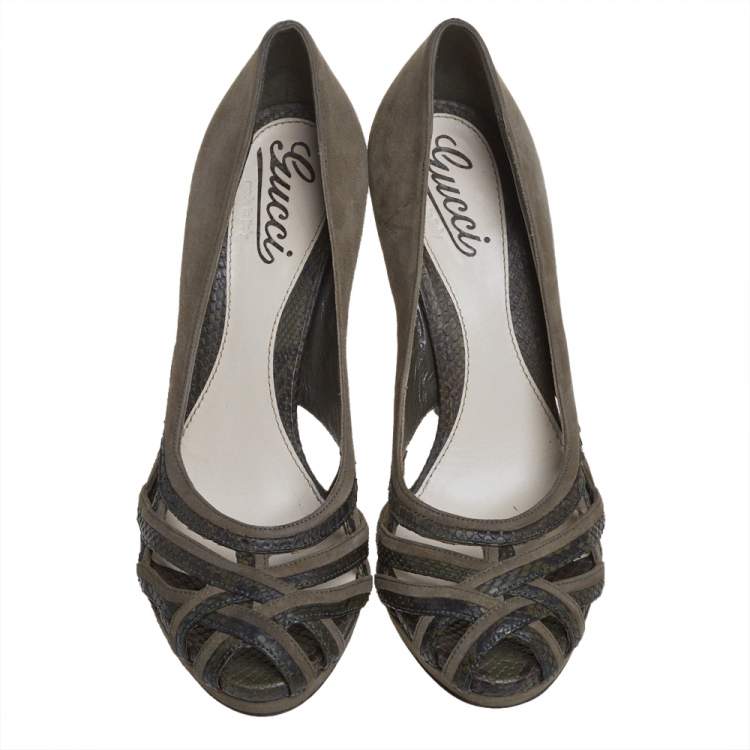Pre Owned Gucci Green Suede And Python Leather Open Toe Pumps Size 37