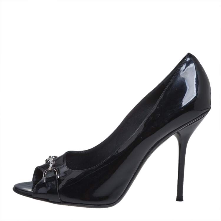 Pre Owned Gucci Black Patent Leather Horsebit Peep Toe Pumps Size 39