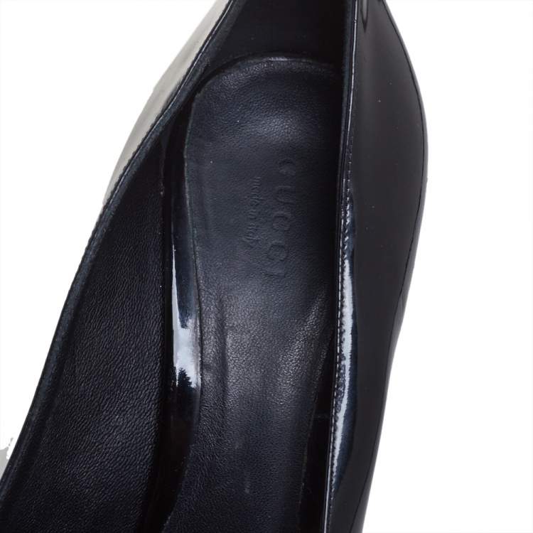 Pre Owned Gucci Black Patent Leather Horsebit Peep Toe Pumps Size 39