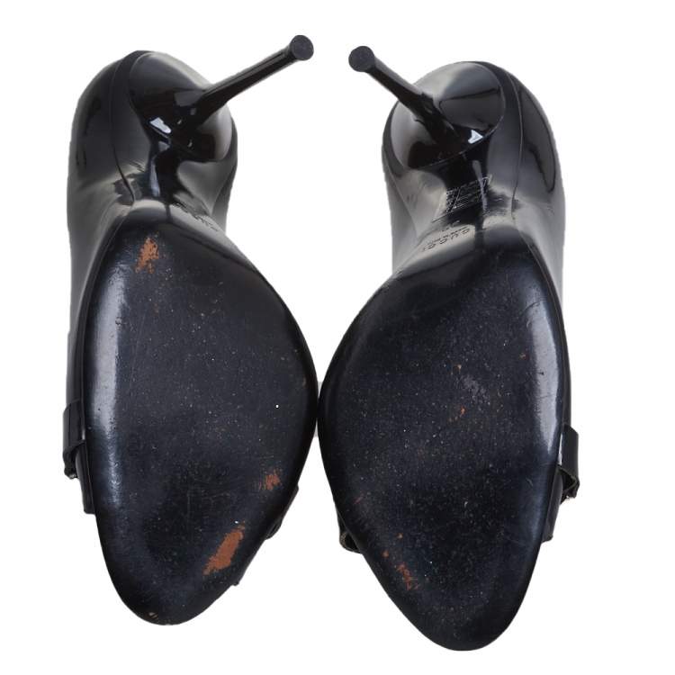 Pre Owned Gucci Black Patent Leather Horsebit Peep Toe Pumps Size 39