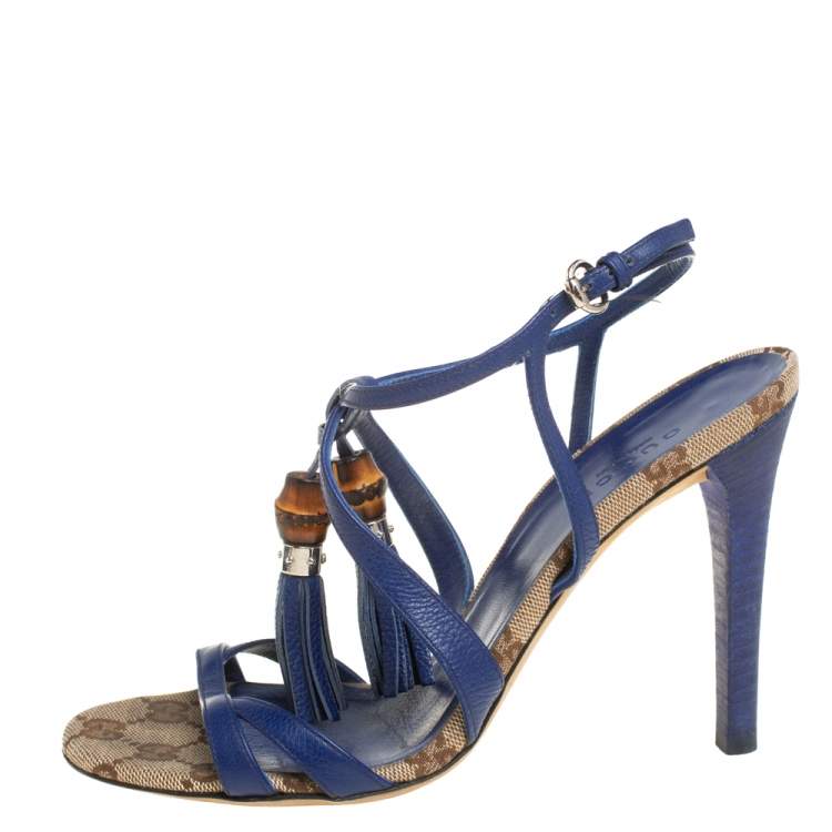 Pre Owned Gucci Blue Leather Bamboo Tassel Open Toe Ankle Strap Sandals Size 35.5 