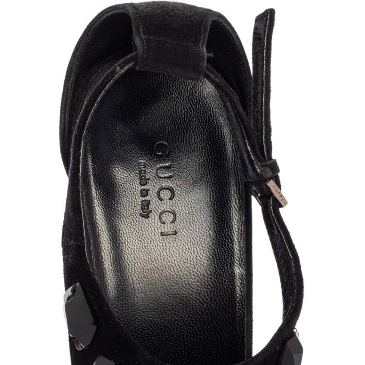Pre Owned Gucci Black Suede Crystal Embellished  Ankle Strap Sandals Size 39
