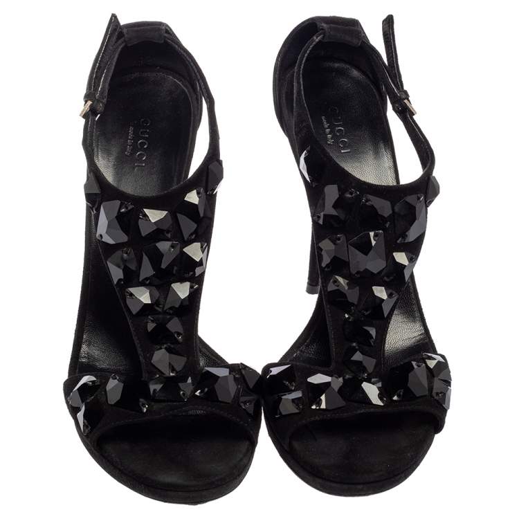 Pre Owned Gucci Black Suede Crystal Embellished  Ankle Strap Sandals Size 39