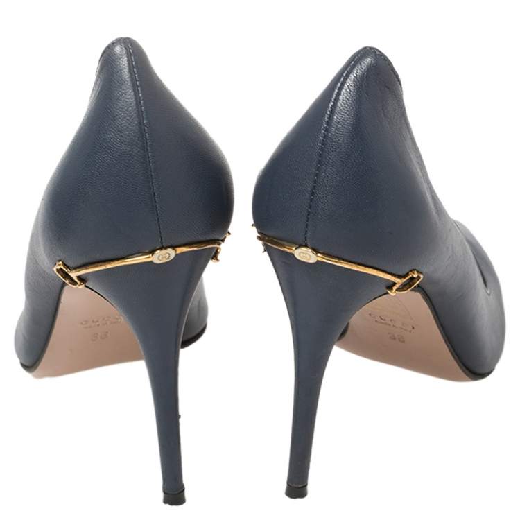 Pre Owned Gucci Blue Leather Adina Horsebit Pointed Toe Pumps Size 36