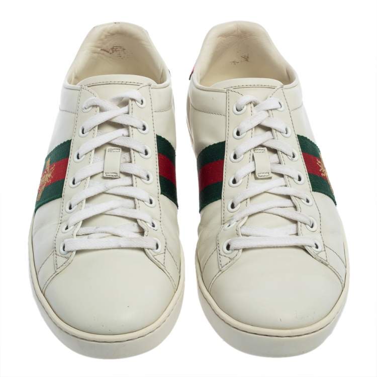 Pre Owned Gucci White Leather And Canvas Ace Sneakers Size 38