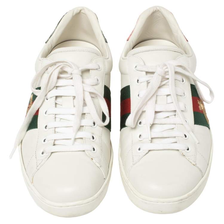 Pre Owned Gucci White Leather Ace Bee Web Low Top Sneakers Size 39
