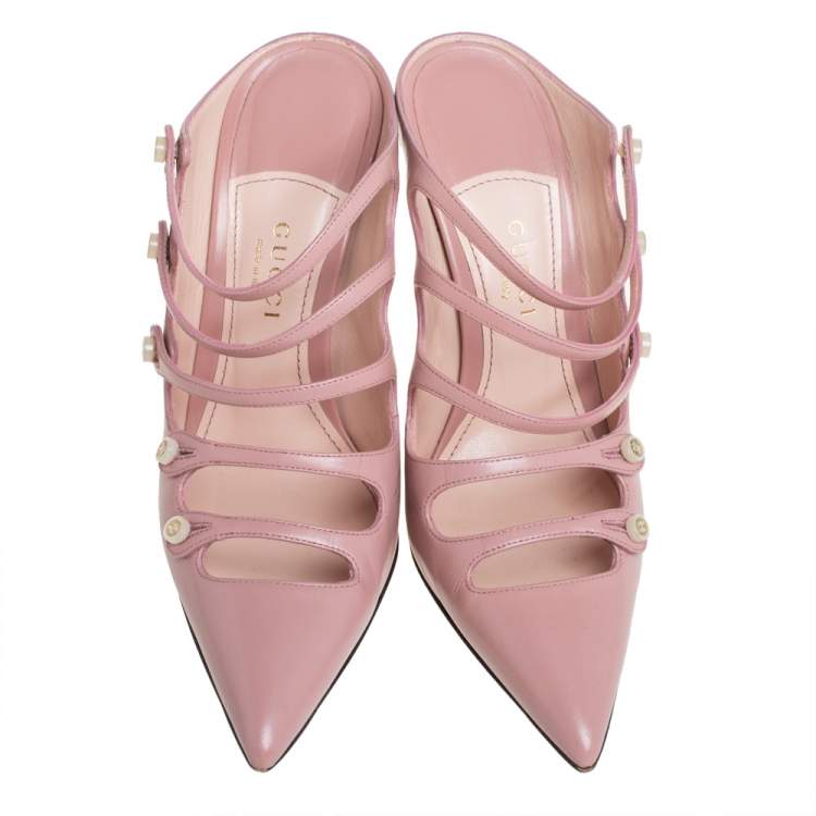 Pre Owned Gucci Pink Leather Aneta Strappy Pointed Toe Mules Size 35
