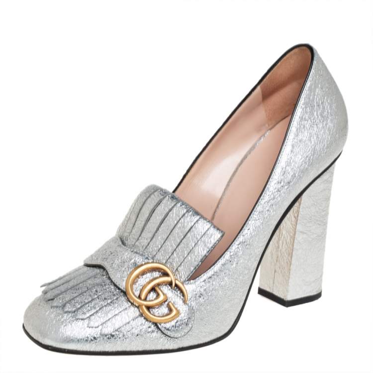 Gucci Silver Crackle Leather GG Marmont Fringe Heel Pumps Size Gucci TLC