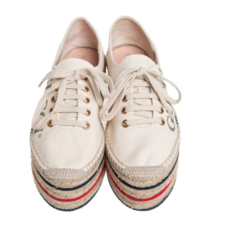 Pre Owned Gucci Cream Canvas Logo Platform Espadrilles Size 37