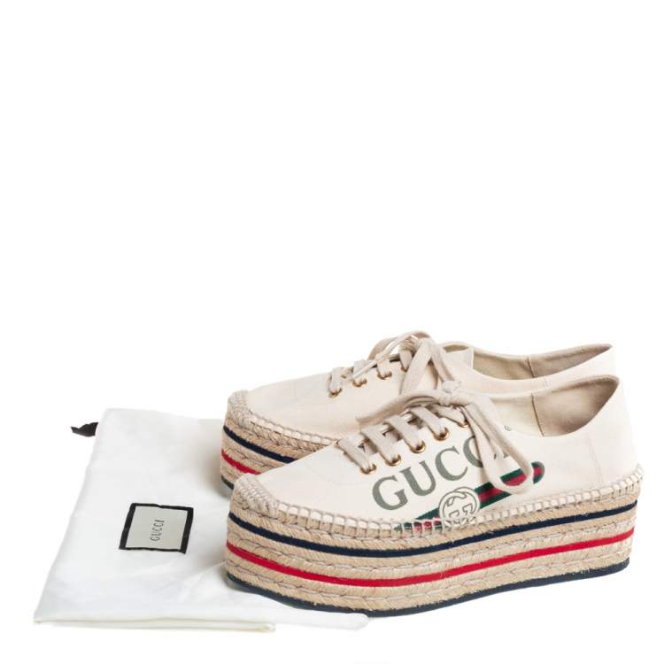 Pre Owned Gucci Cream Canvas Logo Platform Espadrilles Size 37