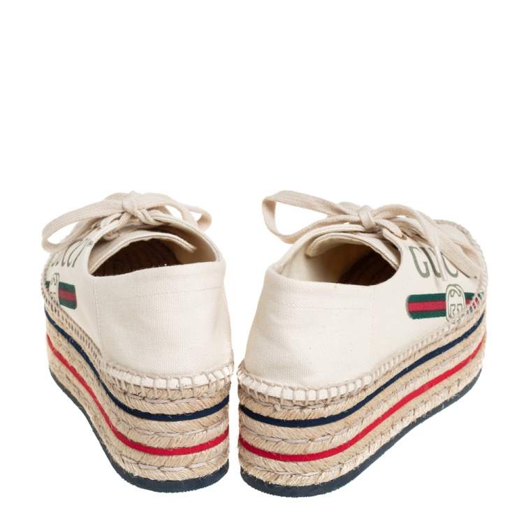 Pre Owned Gucci Cream Canvas Logo Platform Espadrilles Size 37