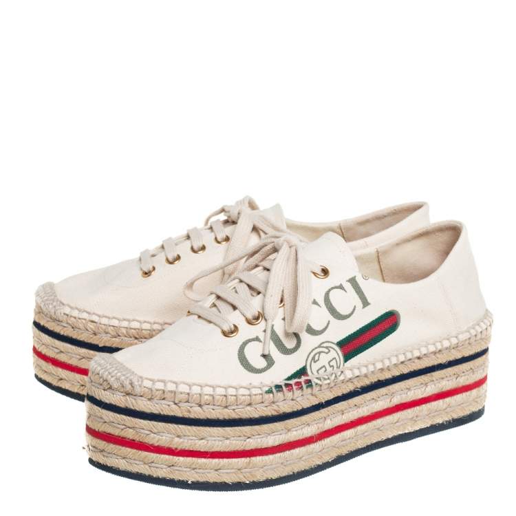 Pre Owned Gucci Cream Canvas Logo Platform Espadrilles Size 37