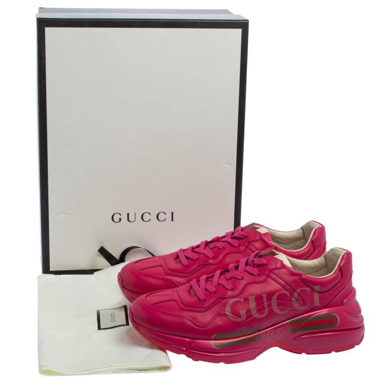 Pre Owned Gucci Pink Leather Rhyton Logo Print Low Top Sneakers Size 36
