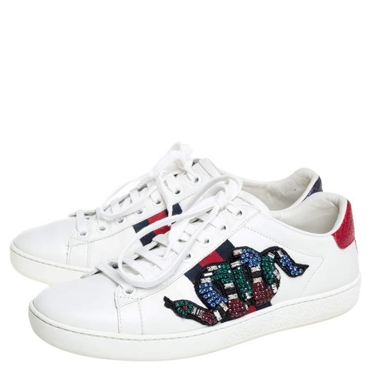 Pre Owned Gucci White Leather Crystal Embellished Snake Python Trim Web Detail Ace Low Top Sneakers Size 36