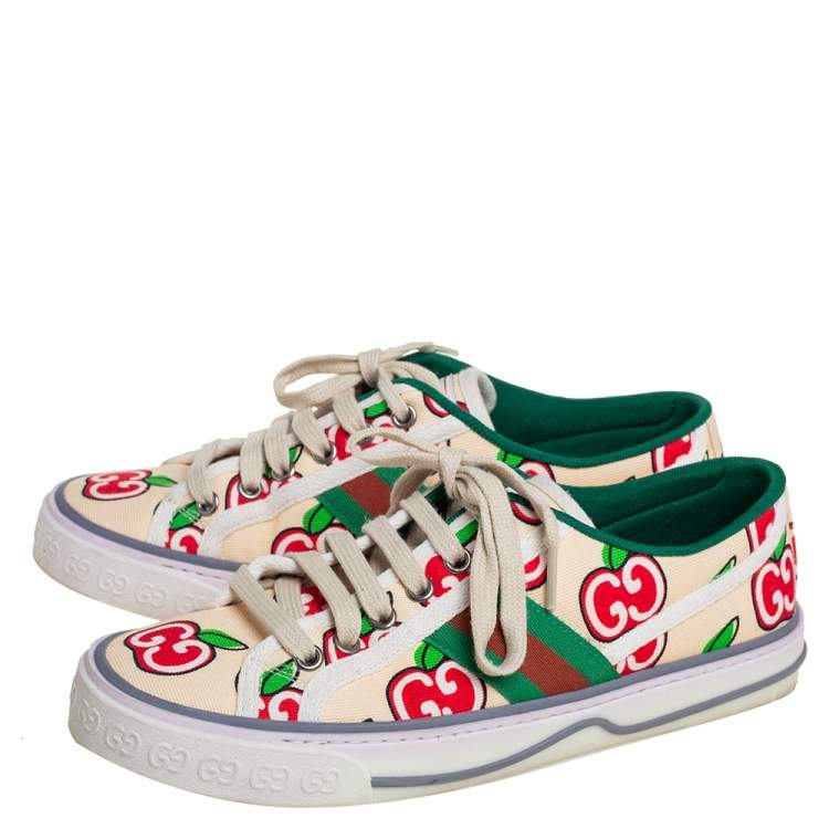 Pre Owned Gucci Beige Apple Print Canvas Tennis 1977 Low Top Sneakers Size 37.5