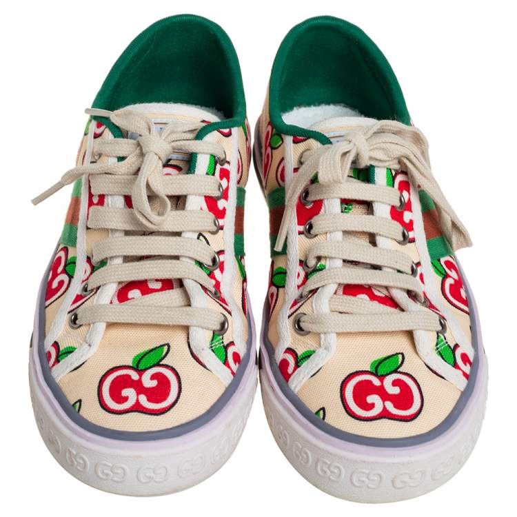 Pre Owned Gucci Beige Apple Print Canvas Tennis 1977 Low Top Sneakers Size 37.5