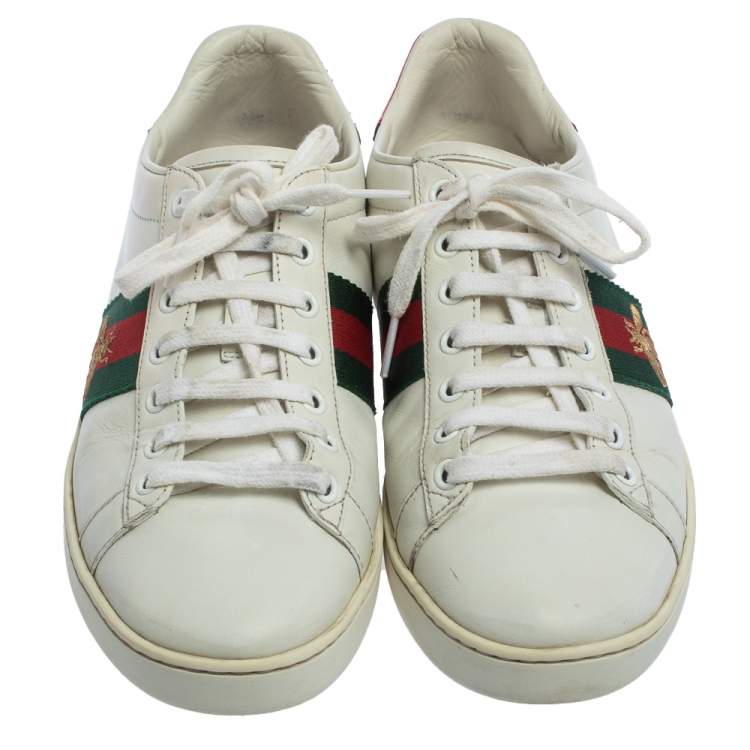 Pre Owned Gucci White Leather Bee Ace Low Top Sneakers Size 38.5
