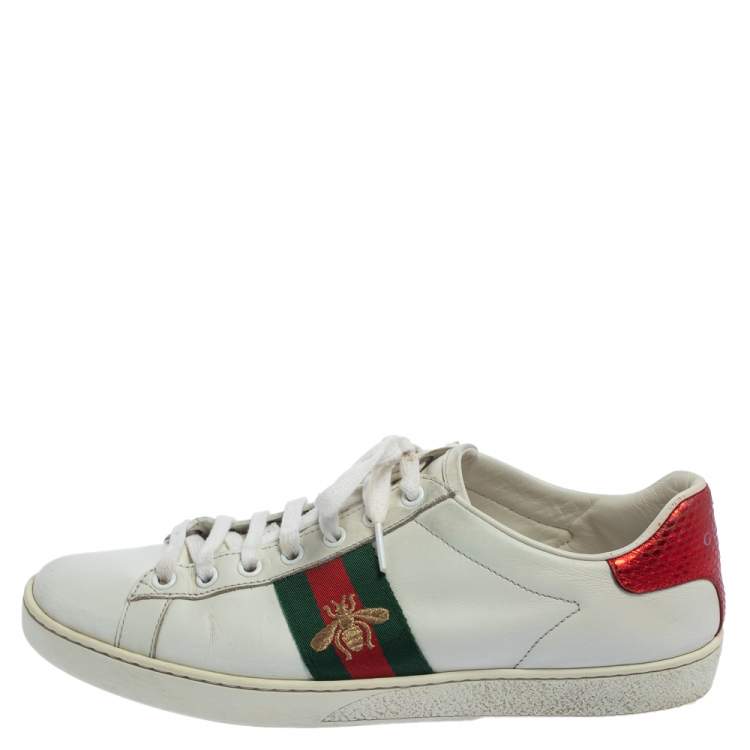 Pre Owned Gucci White Leather Bee Ace Low Top Sneakers Size 38.5