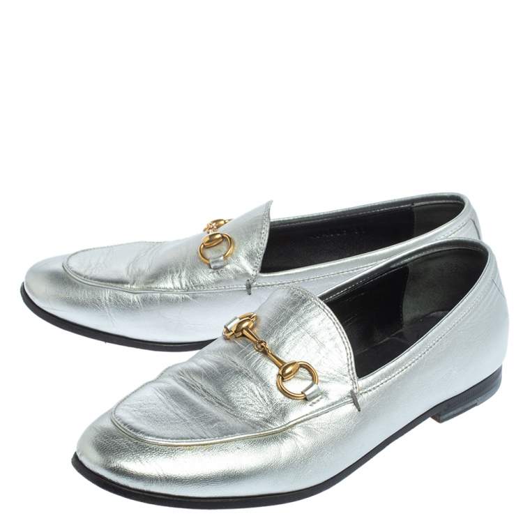 Pre Owned Gucci Silver Leather Jordaan Horsebit Slip On Loafers Size 37