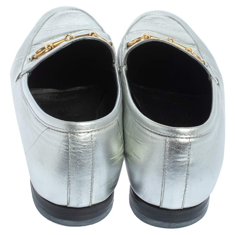 Pre Owned Gucci Silver Leather Jordaan Horsebit Slip On Loafers Size 37