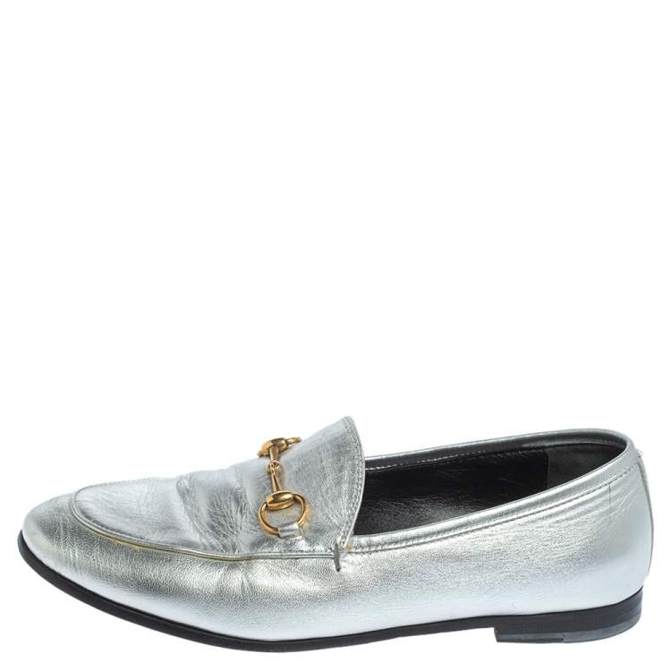 Pre Owned Gucci Silver Leather Jordaan Horsebit Slip On Loafers Size 37